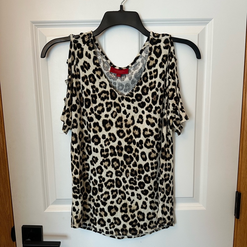 Leopard print t-shirt with sexy sleeve cut outs. JLo size Medium.